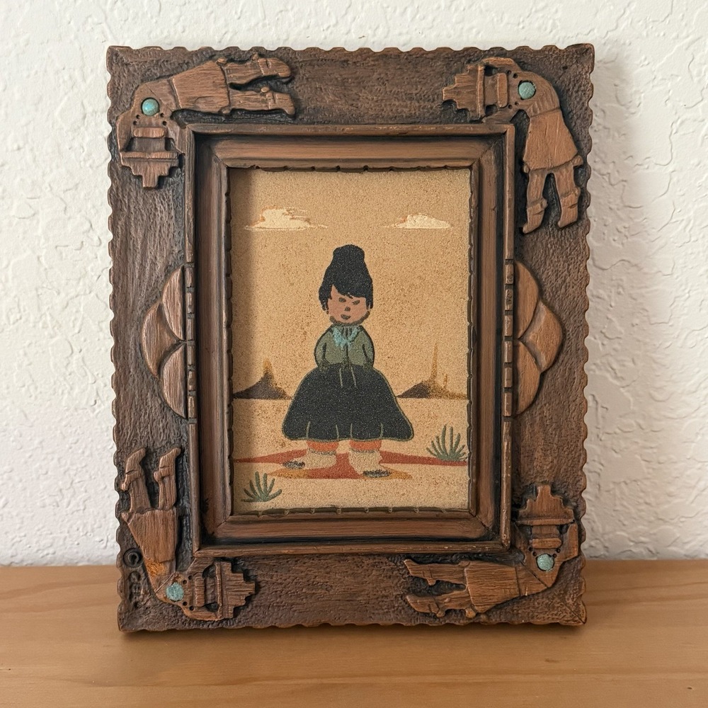 Navajo Girl Sand Painting Framed Signed Native American Folk Art Vtg Southwest